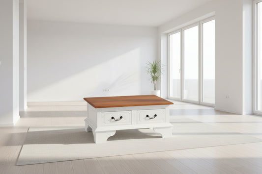 KLEVERSON SOLID MAHOGANY 4 DRAWERS RECTANGULAR COFFEE TABLE IN WHITE/CARAMEL - MyChocolateWood