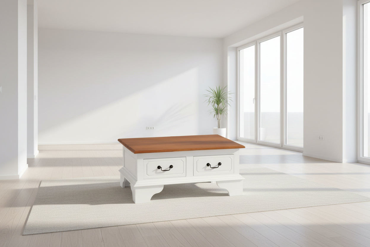 Kleverson Solid Mahogany 4-Drawer Rectangular Coffee Table in White / Caramel - Chocolate Wood