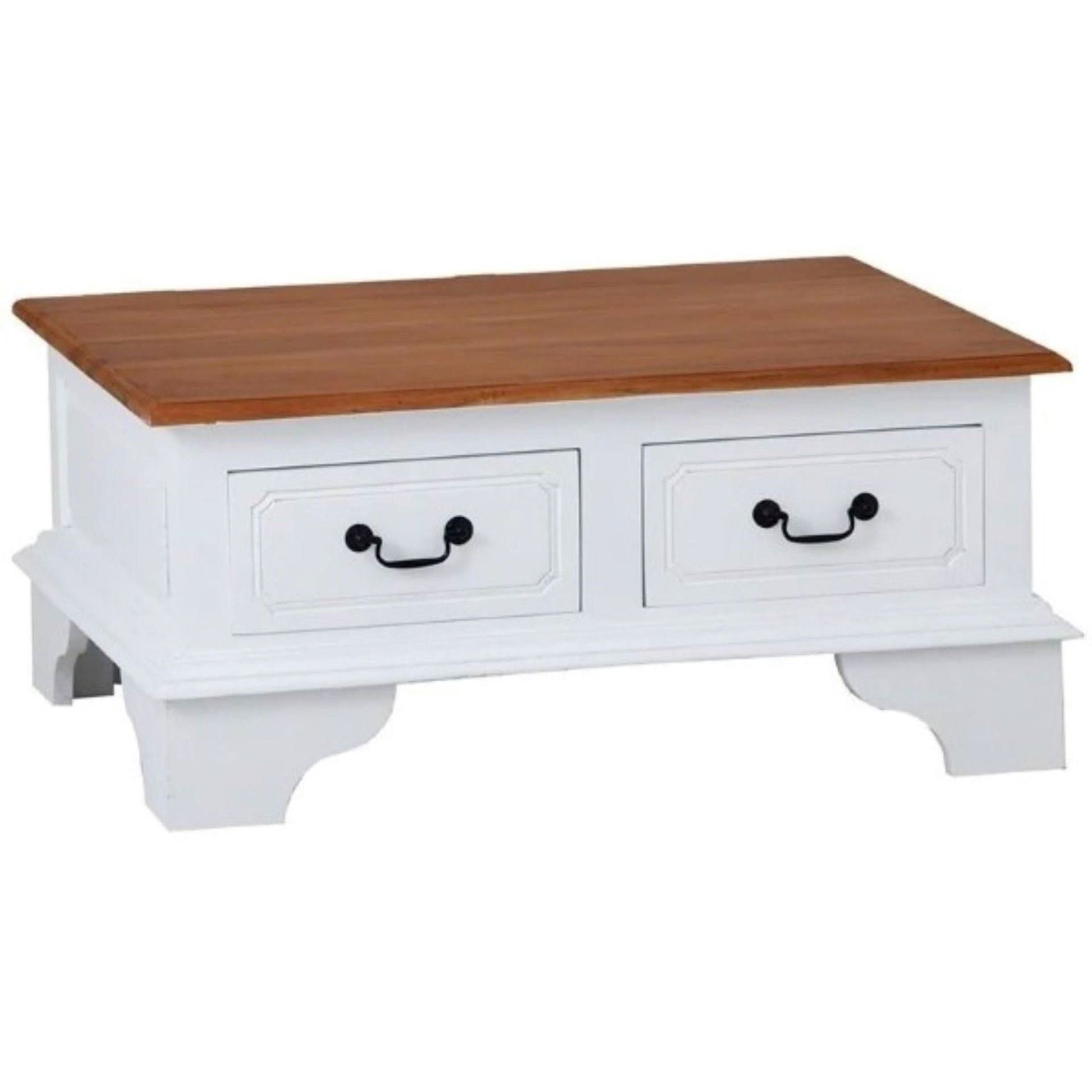 Kleverson Solid Mahogany 4-Drawer Rectangular Coffee Table in White / Caramel - Chocolate Wood
