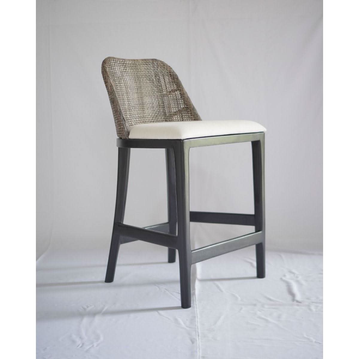 Lancaster Hamptons rattan counter stool in pecan brown with black wooden legs, featuring woven rattan seat and backrest.