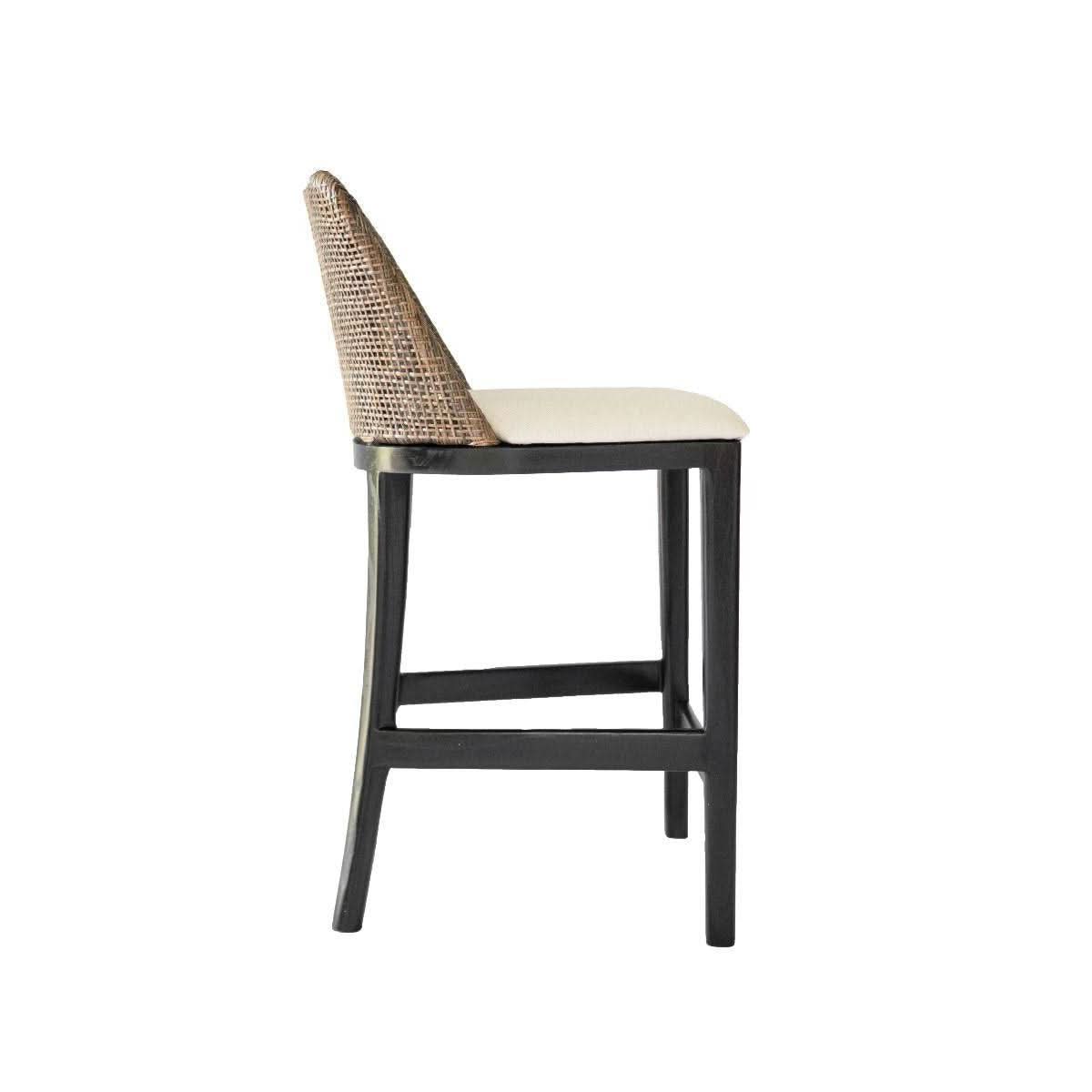 Lancaster Hamptons rattan counter stool from MyChocolateWood with pecan brown seat and black wood legs.
