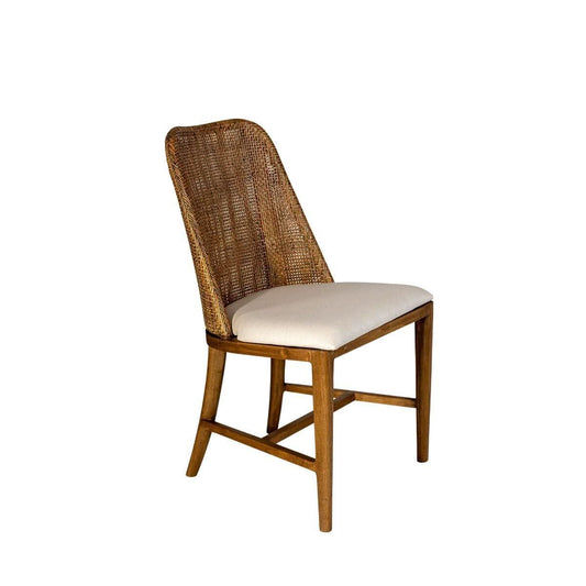 Lancaster Hamptons rattan dining chair with mango teak finish and brown wooden legs from Chocolate Wood.