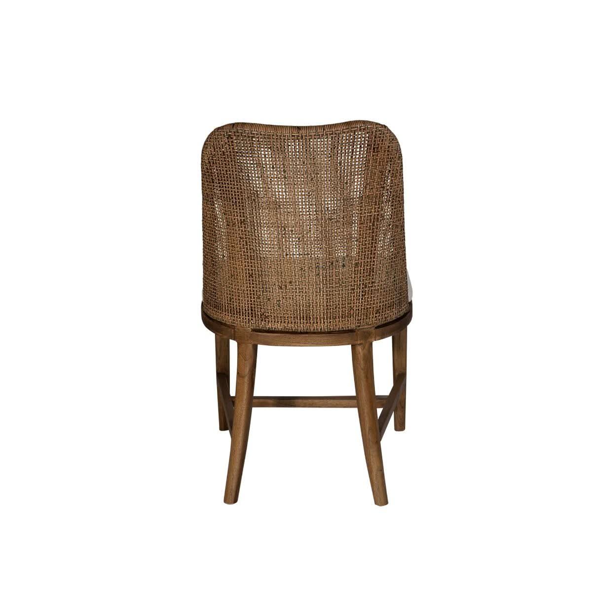 Lancaster Hamptons rattan dining chair with mango teak seat and brown wooden legs, stylish and comfortable for dining rooms.