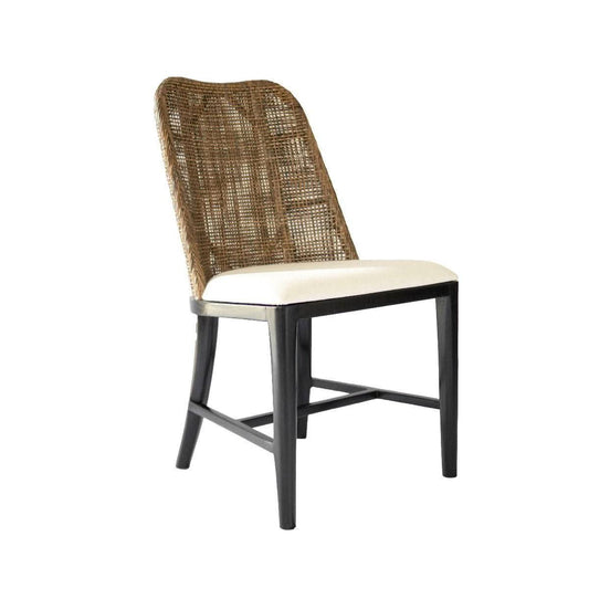 Lancaster Hamptons rattan dining chair in Pecan Brown with black legs, featuring woven rattan seat and backrest for stylish comfort.