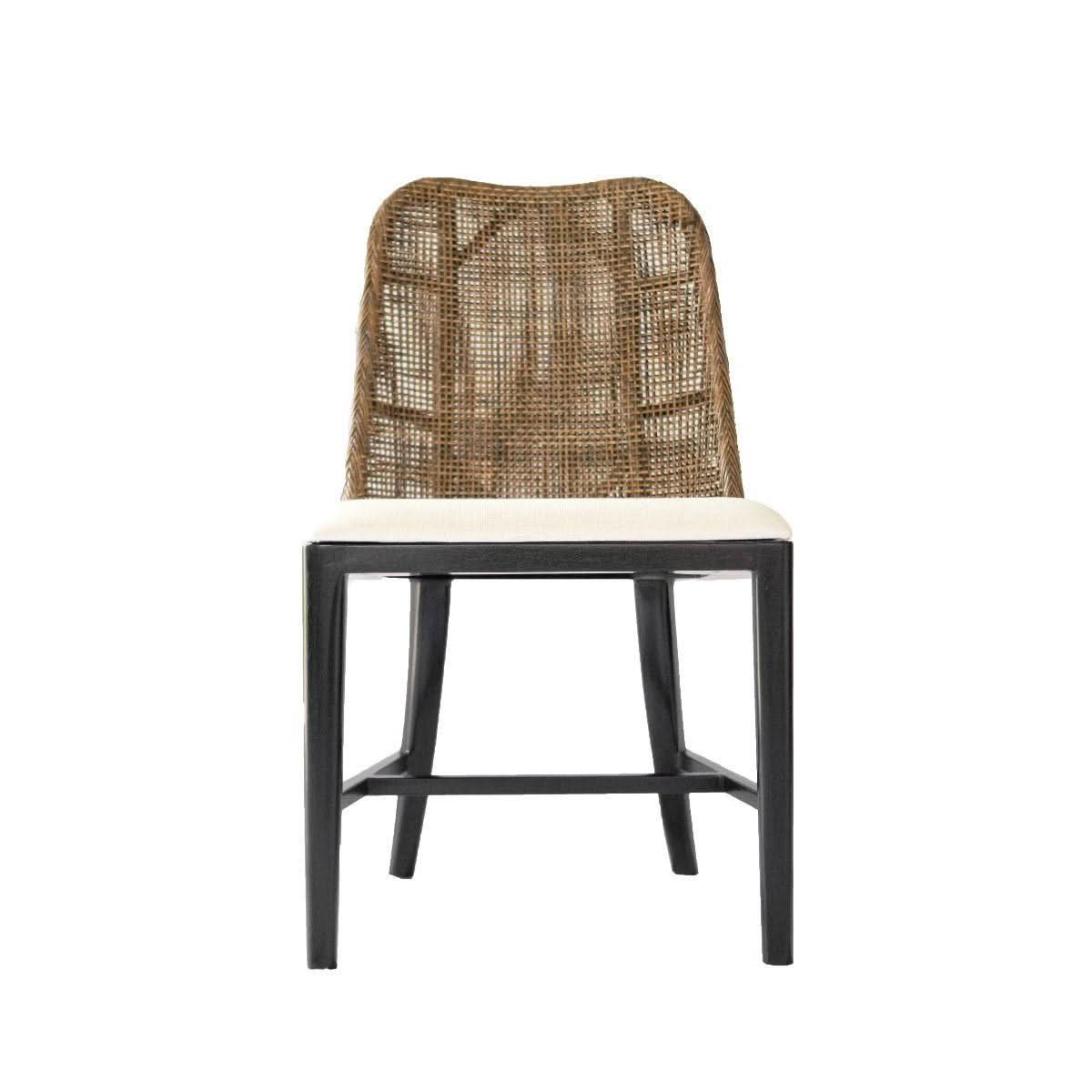 Lancaster Hamptons rattan dining chair in pecan brown with black legs, featuring woven rattan seat and stylish wooden frame.