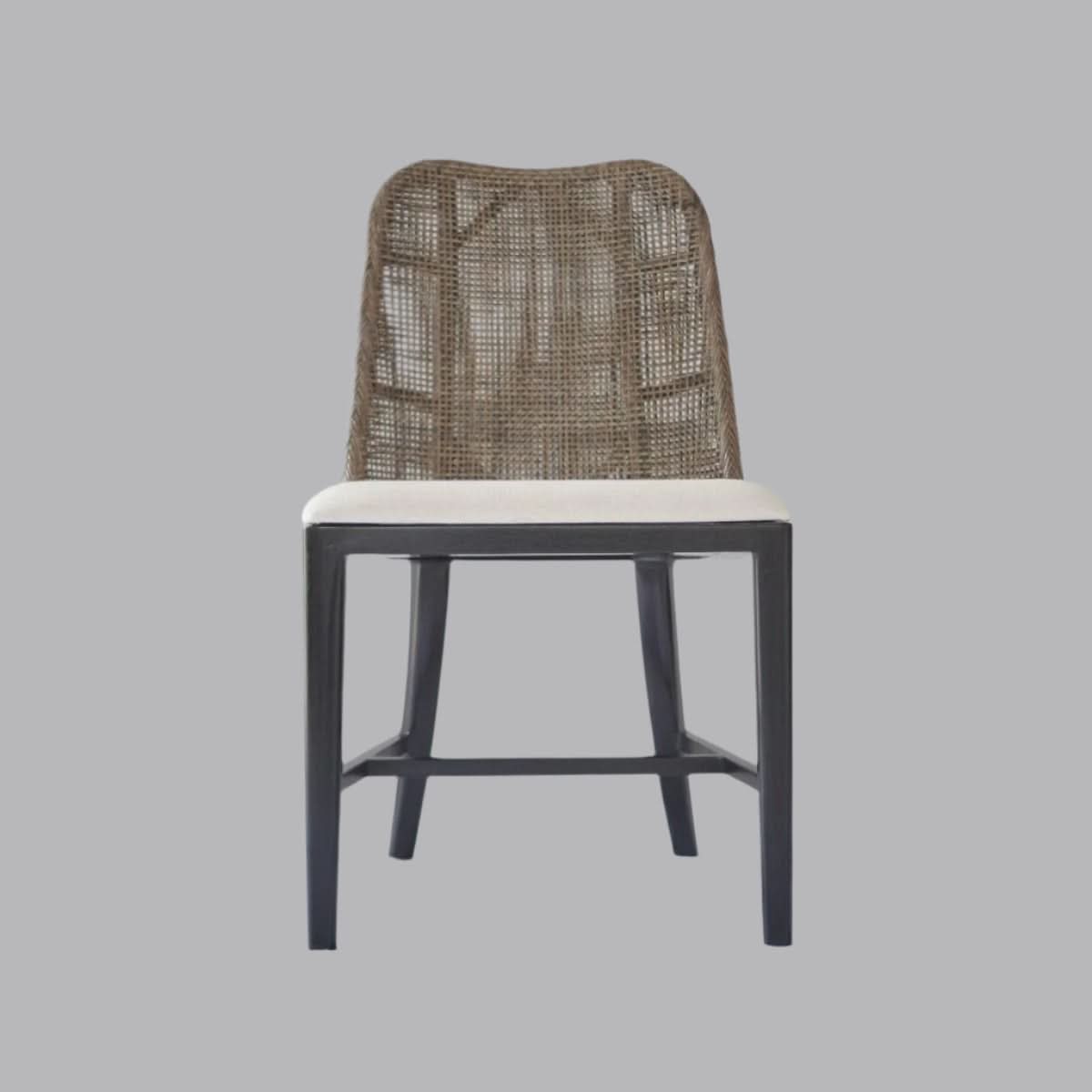Lancaster Hamptons rattan dining chair by MyChocolateWood in pecan brown with black legs, showcasing woven rattan seat and sturdy frame.