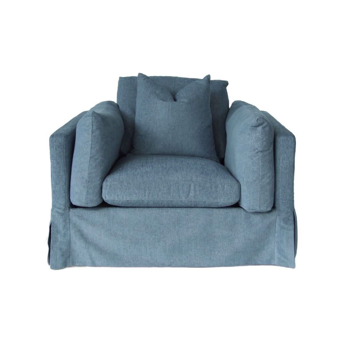 Lark Hamptons Slipcover Swivel Armchair in Dexter Denim - Chocolate Wood