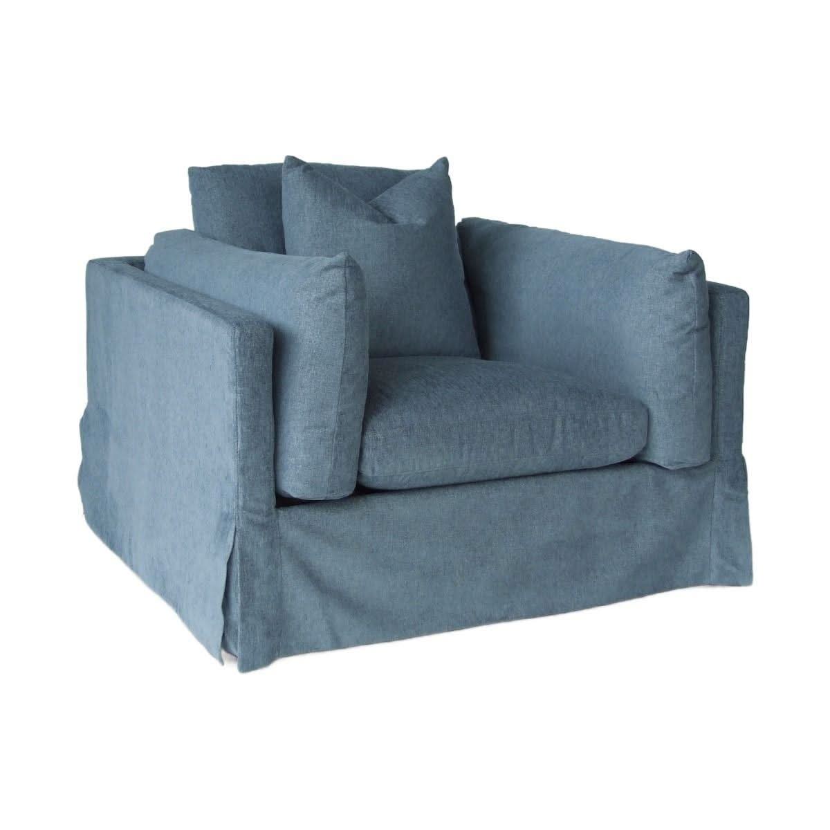 Lark Hamptons Slipcover Swivel Armchair in Dexter Denim - Chocolate Wood