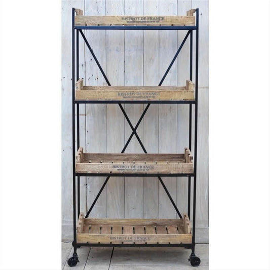 LAURENT INDUSTRIAL BOOKCASE BOOKSHELF ON WHEELS IRON & SOLID MANGO TIMBER
