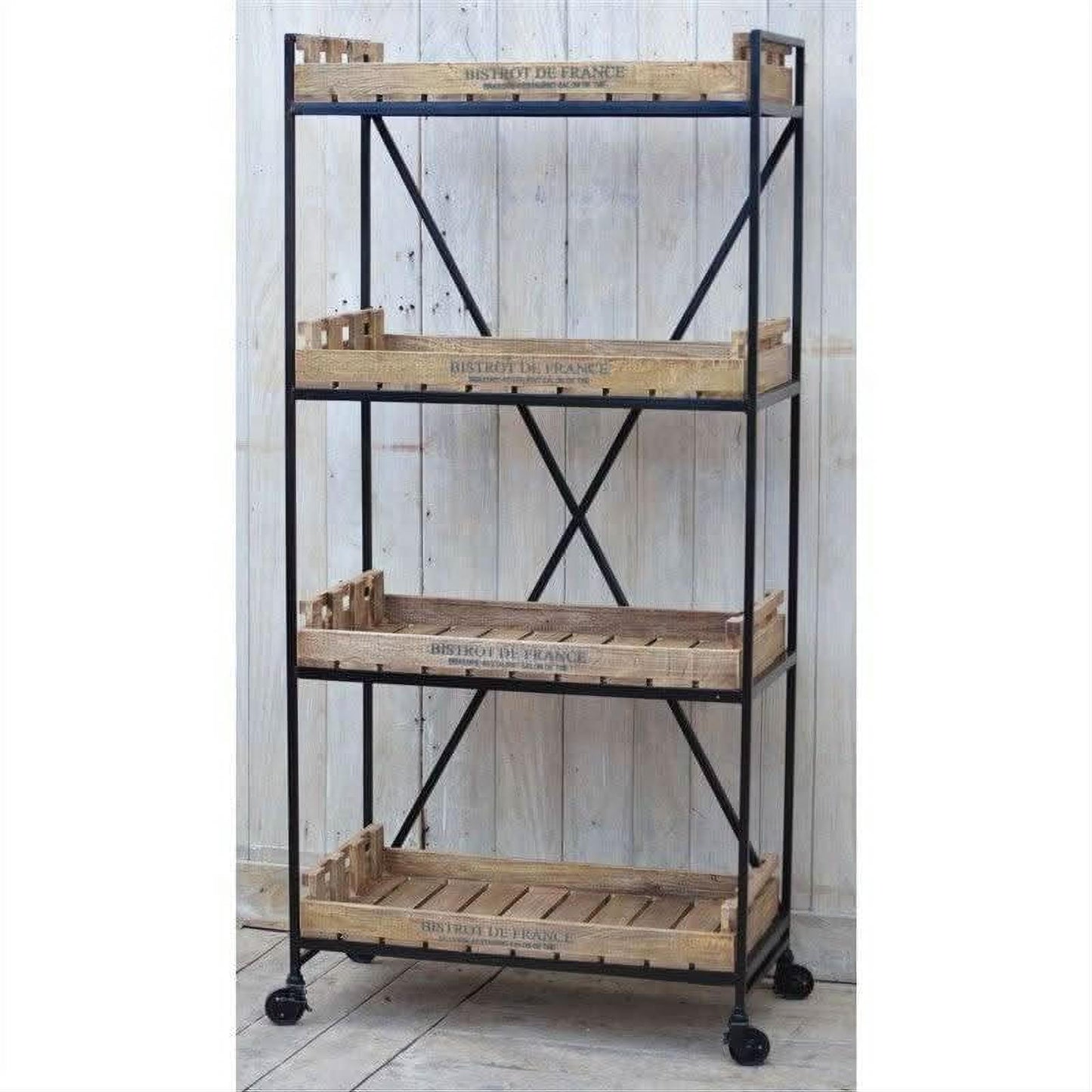 LAURENT INDUSTRIAL BOOKCASE BOOKSHELF ON WHEELS IRON & SOLID MANGO TIMBER