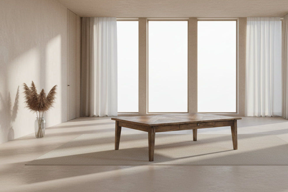 LENNON 1 DRAWER RUSTIC PROVINCIAL RECYCLED ELM PARQUETRY COFFEE TABLE - MyChocolateWood