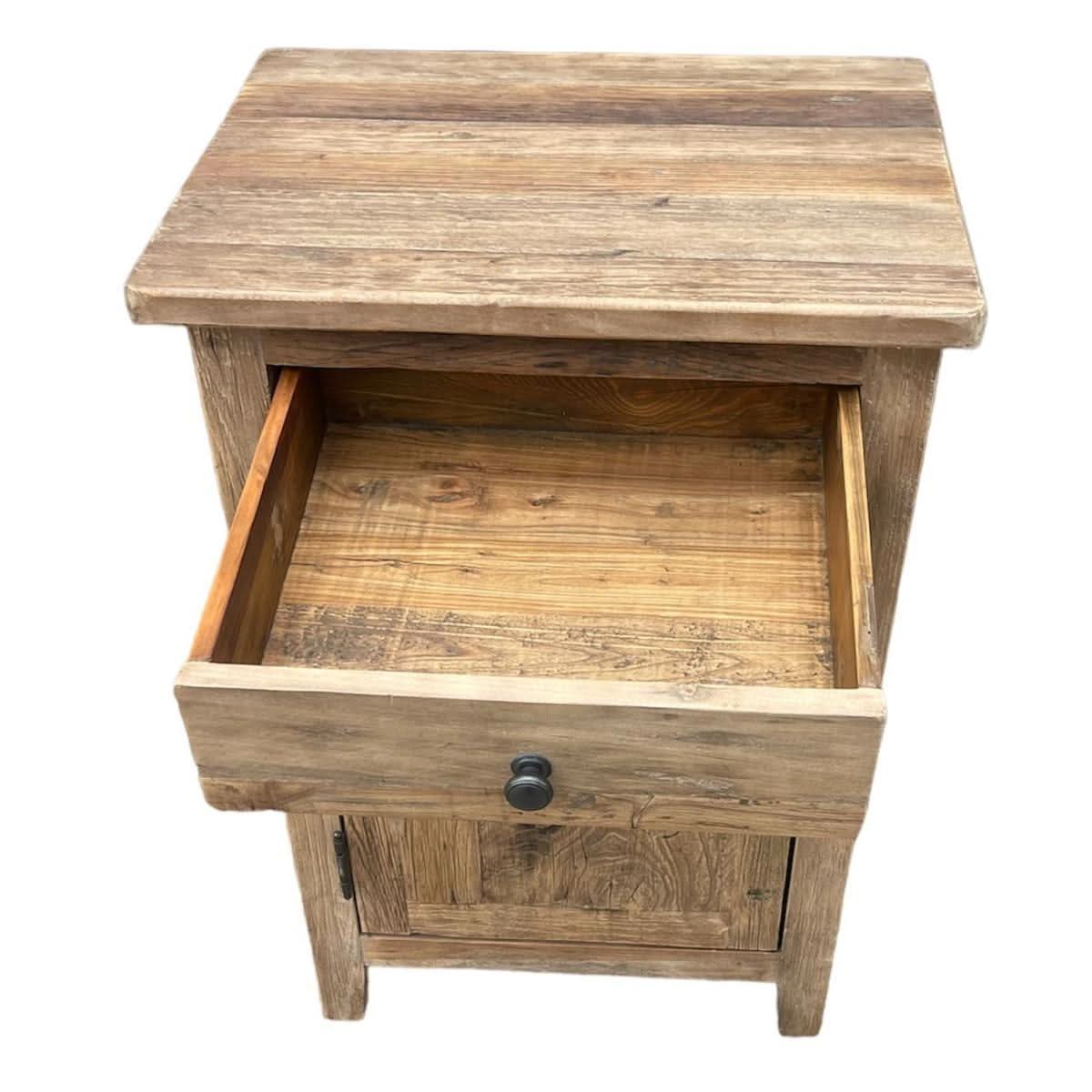 LINDI RECYCLED ELM RUSTIC COUNTRY STYLE BEDSIDE TABLE WITH 1 DOOR & 1 DRAWER - MyChocolateWood