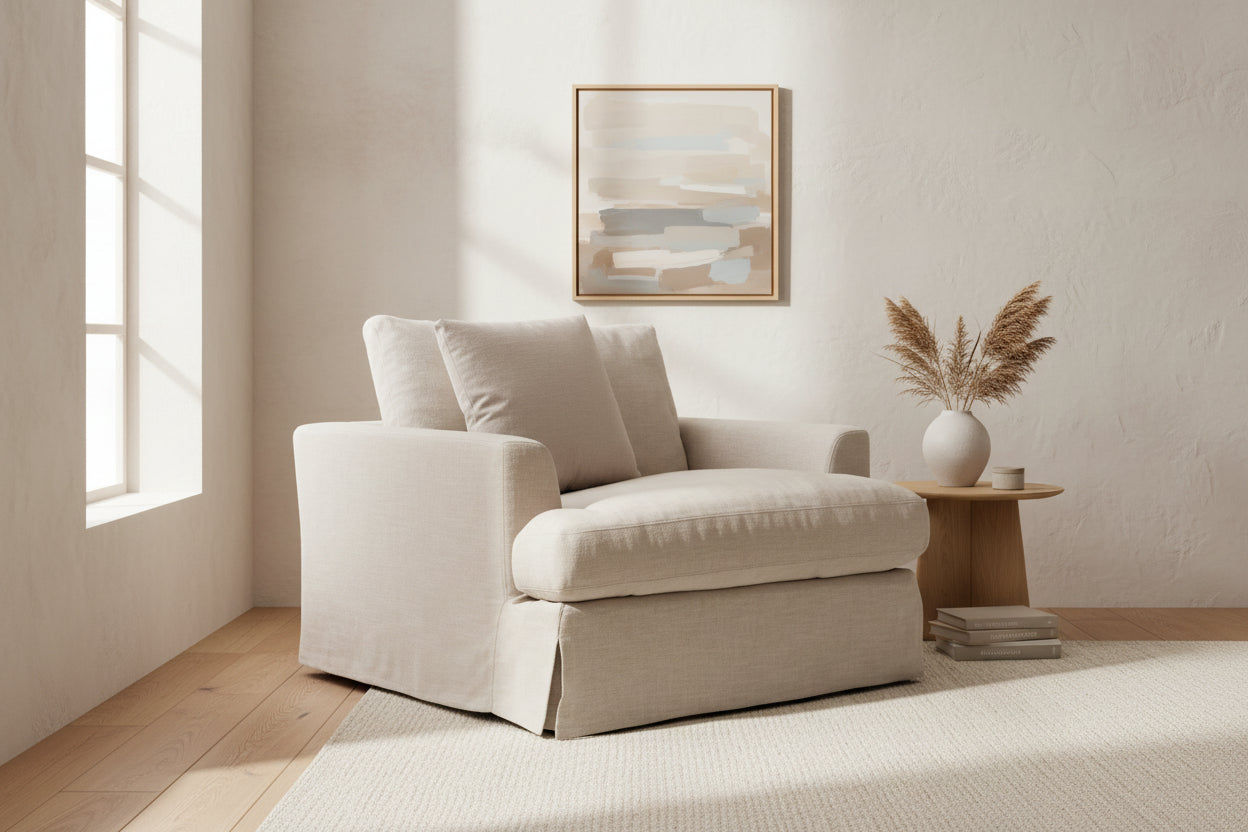LIVINGSTON LAF FABRIC LOUNGE CHAIR  'LEMAY' KHAKI COLOUR - MyChocolateWood
