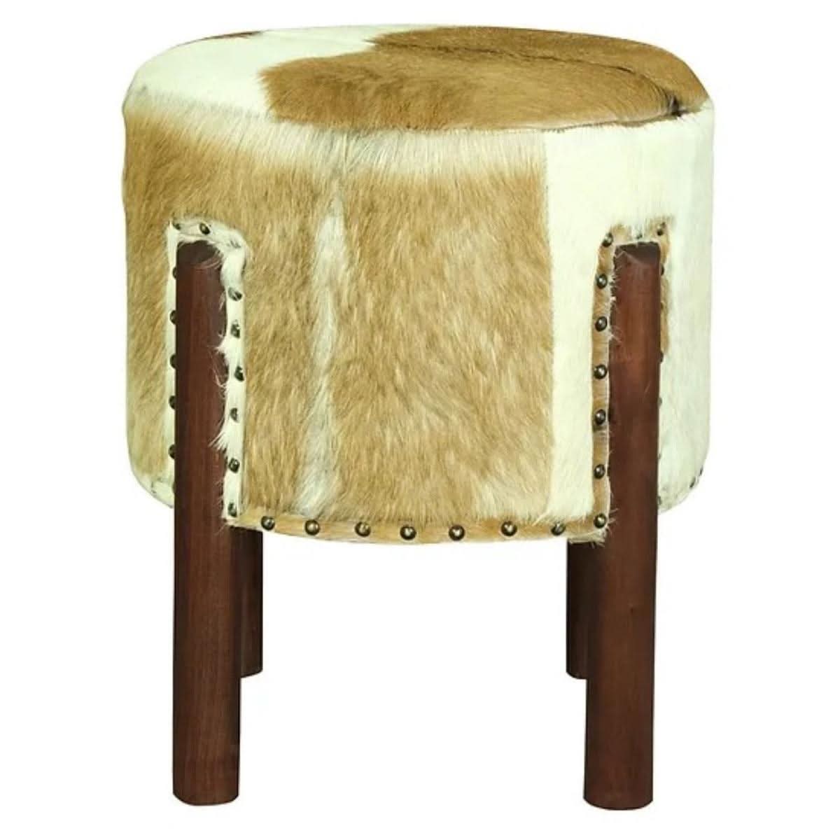 LOLA ROUND GOAT HIDE OTTOMAN IN MAHOGANY - MyChocolateWood