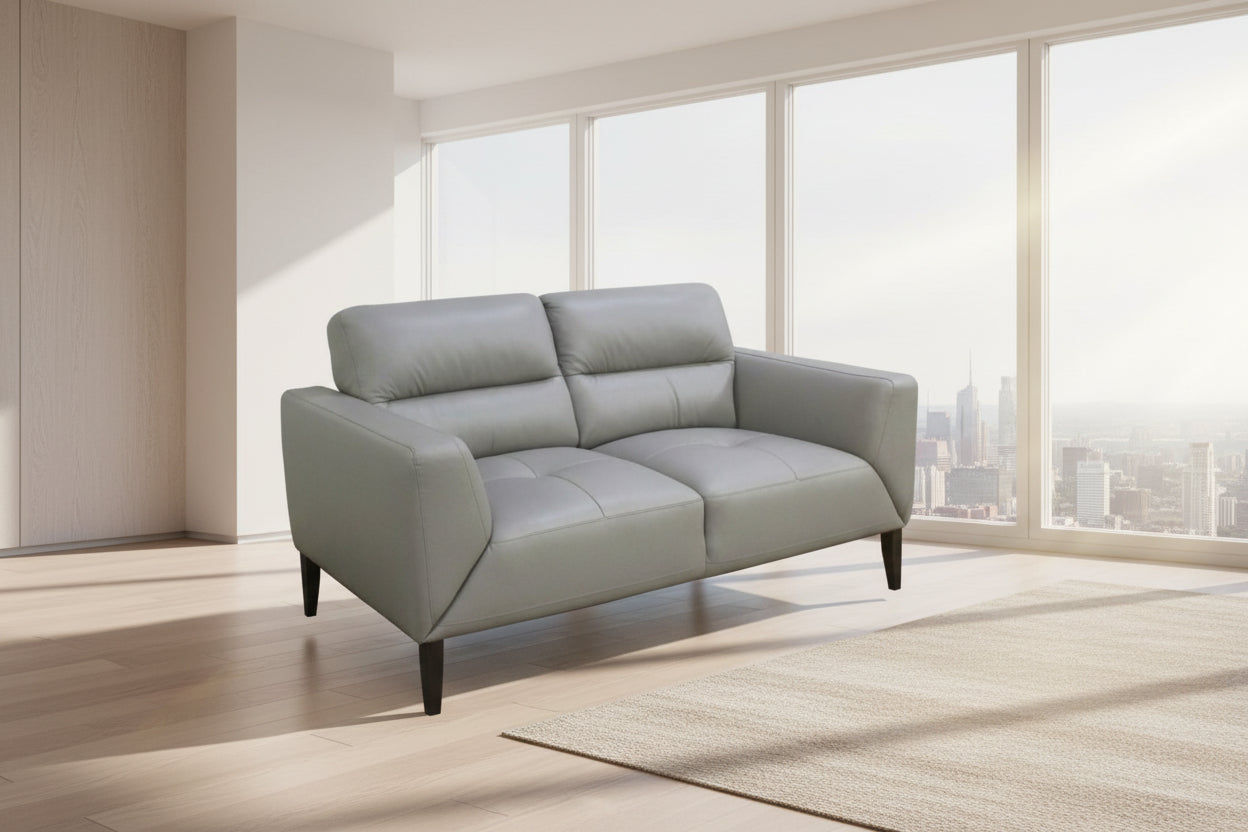 Louanne 2-Seater Real Leather Sofa in Silver - Chocolate Wood