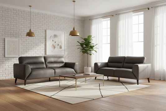 LOUANNE 3 + 2-SEATER REAL LEATHER SOFA SETTEE COUCH GUNMETAL - MyChocolateWood