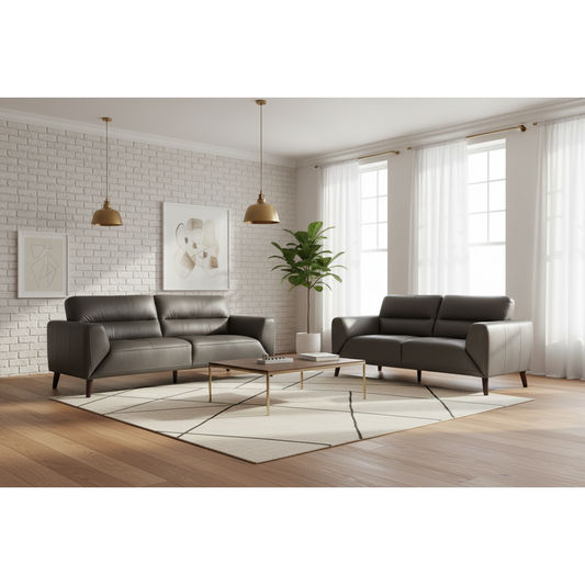 LOUANNE 3 + 2-SEATER REAL LEATHER SOFA SETTEE COUCH GUNMETAL - MyChocolateWood
