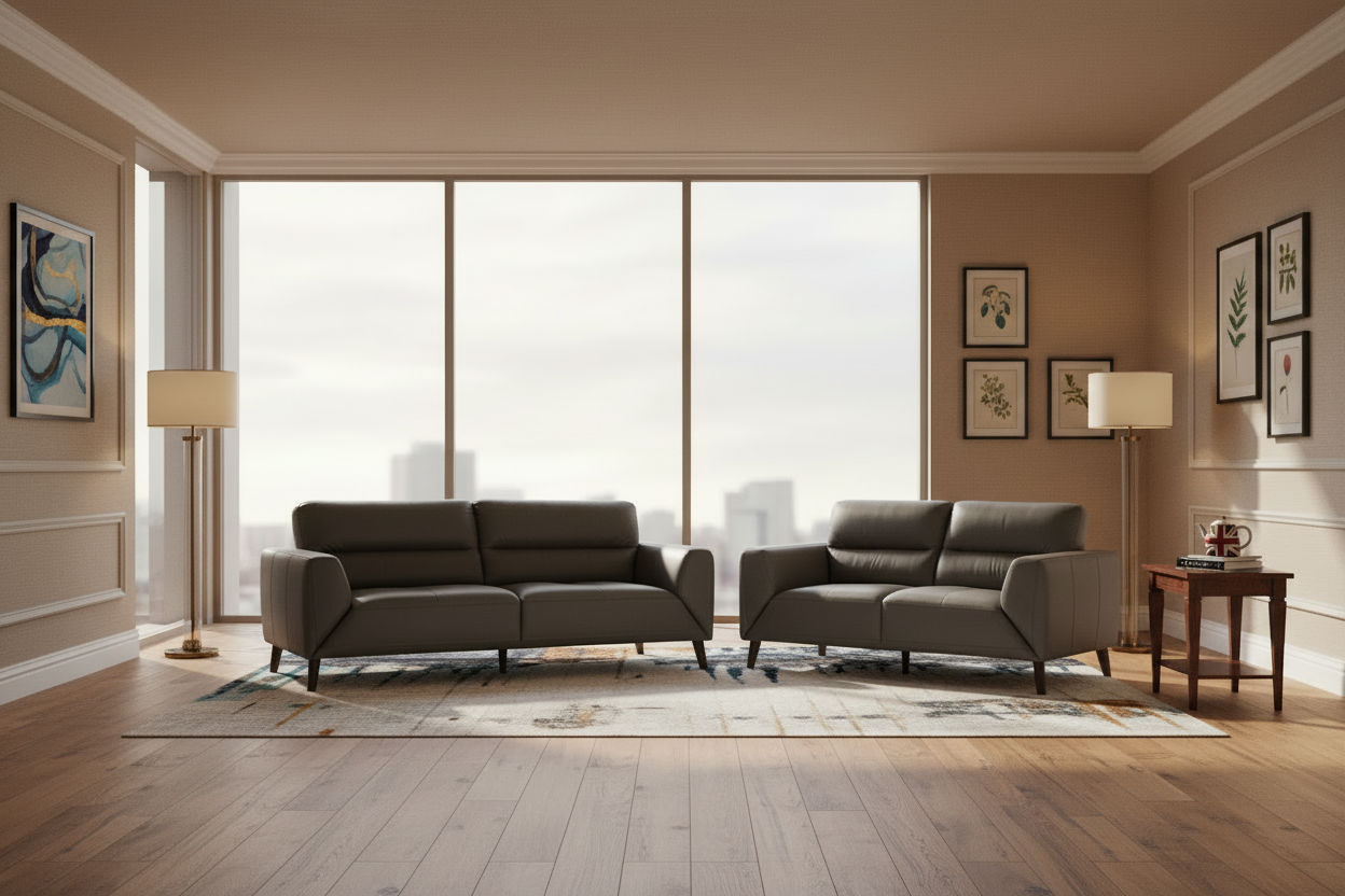 LOUANNE 3 + 2-SEATER REAL LEATHER SOFA SETTEE COUCH GUNMETAL - MyChocolateWood