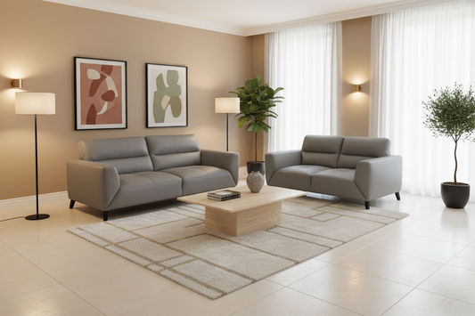 LOUANNE 3 + 2-SEATER REAL LEATHER SOFA SETTEE COUCH SILVER - MyChocolateWood