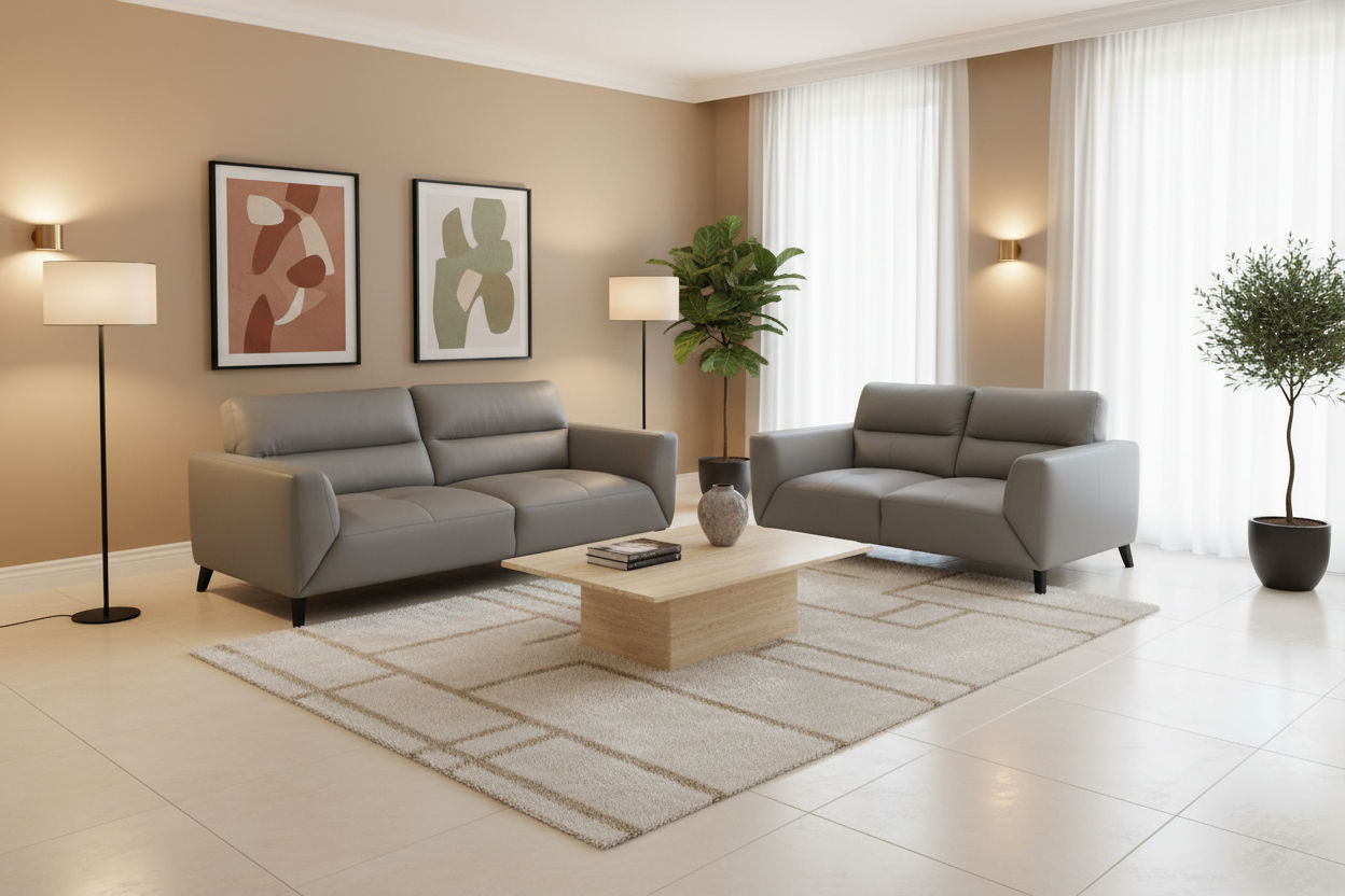 Louanne 3-Seater & 2-Seater Real Leather Sofa Set in Silver - Chocolate Wood