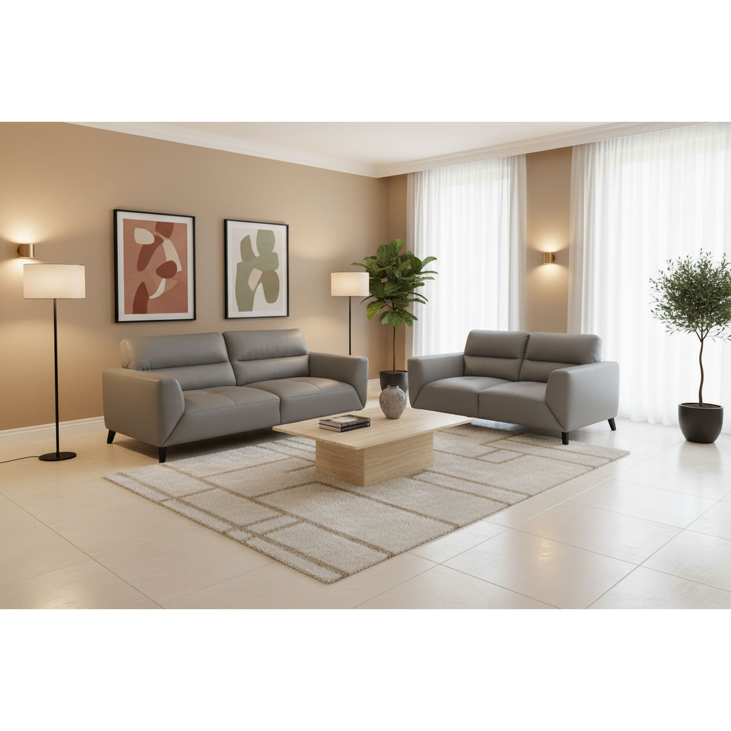 Louanne 3-Seater & 2-Seater Real Leather Sofa Set in Silver - Chocolate Wood