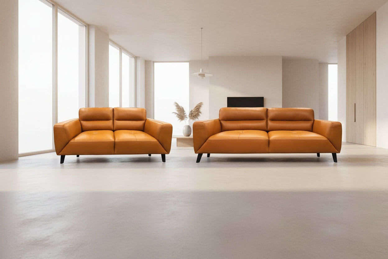 Louanne 3-Seater & 2-Seater Real Leather Sofa Set in Tangerine - Chocolate Wood
