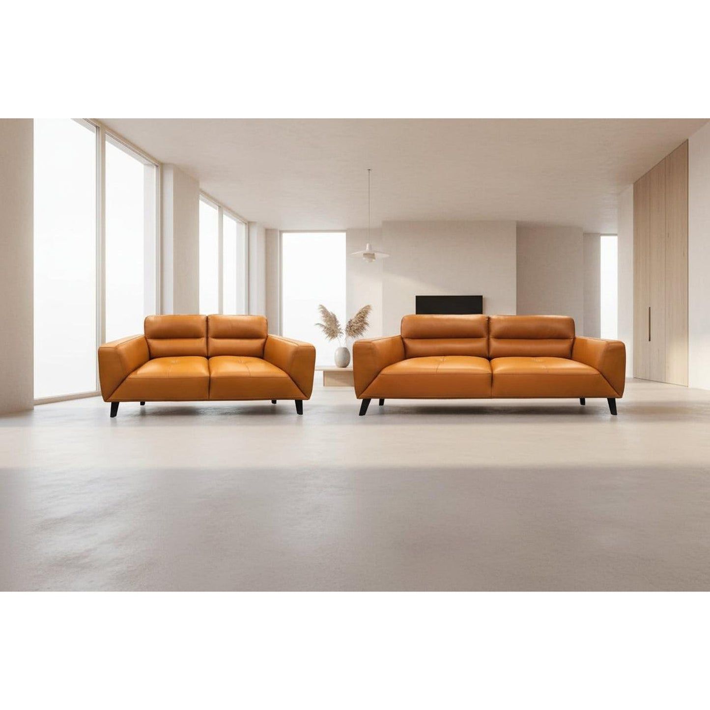 Louanne 3-Seater & 2-Seater Real Leather Sofa Set in Tangerine - Chocolate Wood