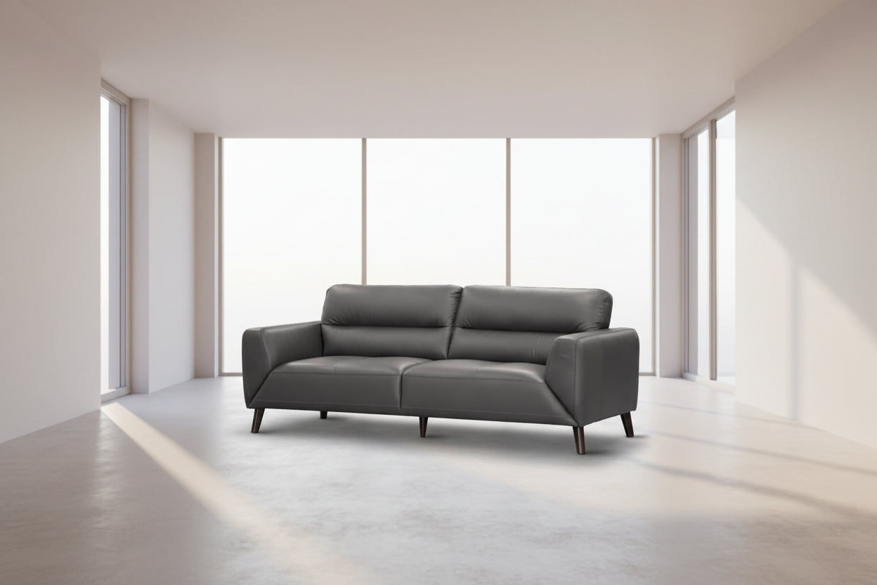 LOUANNE 3-SEATER REAL LEATHER SOFA SETTEE COUCH GUNMETAL - MyChocolateWood