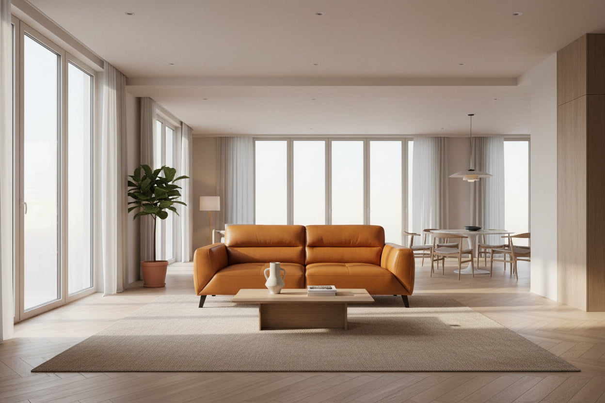 Louanne 3-Seater Real Leather Sofa in Tangerine - Chocolate Wood