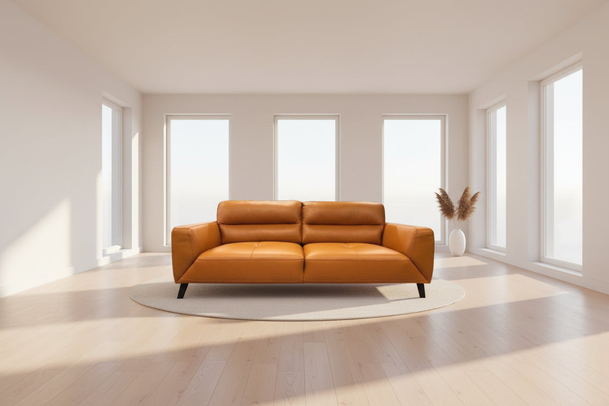 LOUANNE 3-SEATER REAL LEATHER SOFA SETTEE COUCH TANGERINE - MyChocolateWood