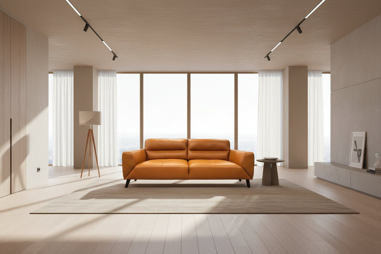 LOUANNE 3-SEATER REAL LEATHER SOFA SETTEE COUCH TANGERINE - MyChocolateWood