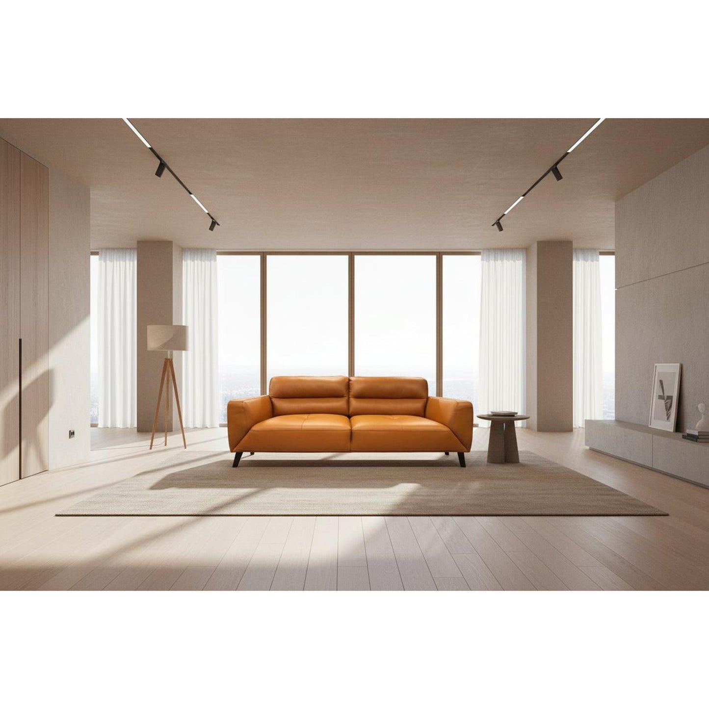 Louanne 3-Seater Real Leather Sofa in Tangerine - Chocolate Wood