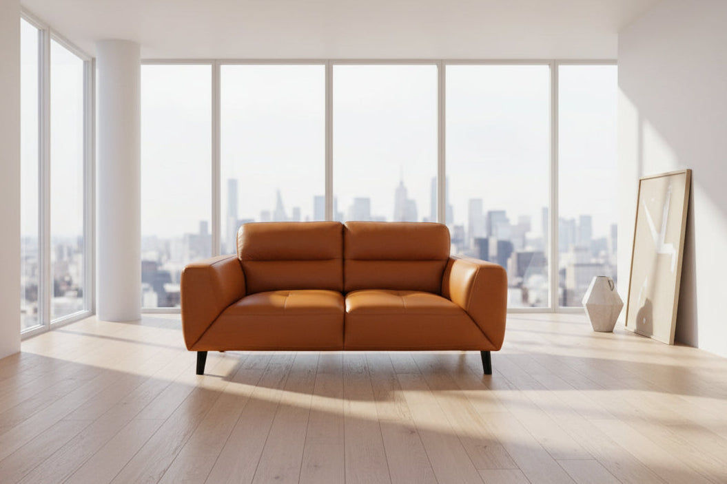 Louanne 2-Seater Real Leather Sofa in Tangerine - Chocolate Wood