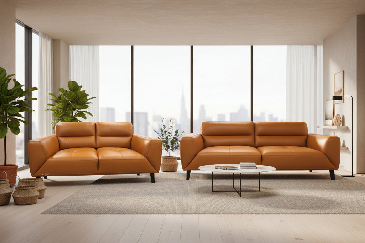 LOUANNE REAL LEATHER 2-SEATER SOFA SETTEE COUCH TANGERINE - MyChocolateWood