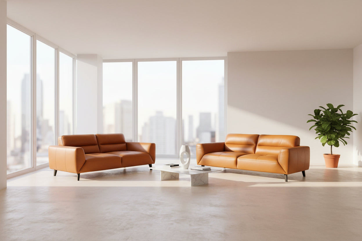 LOUANNE REAL LEATHER 2-SEATER  SOFA SETTEE COUCH TANGERINE - MyChocolateWood