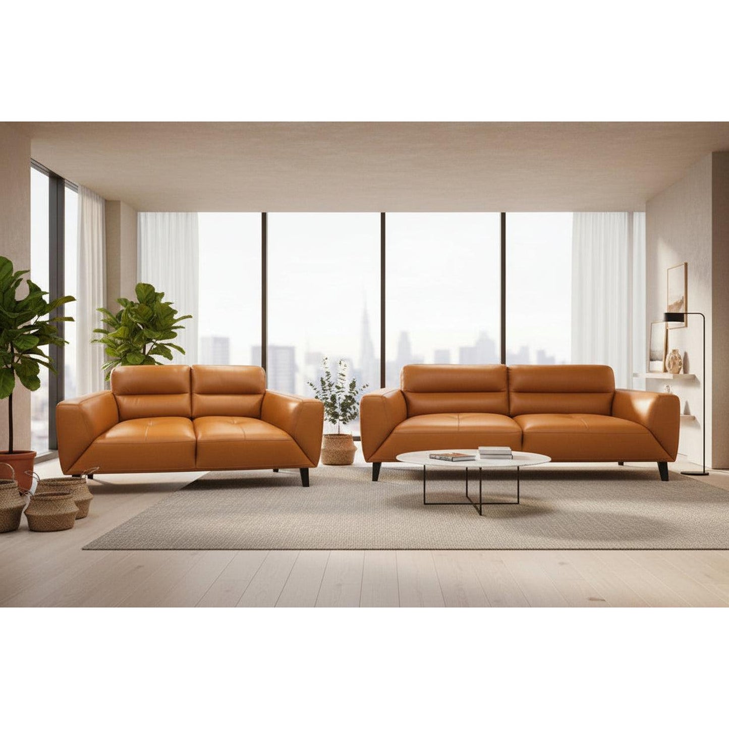 Louanne 2-Seater Real Leather Sofa in Tangerine - Chocolate Wood