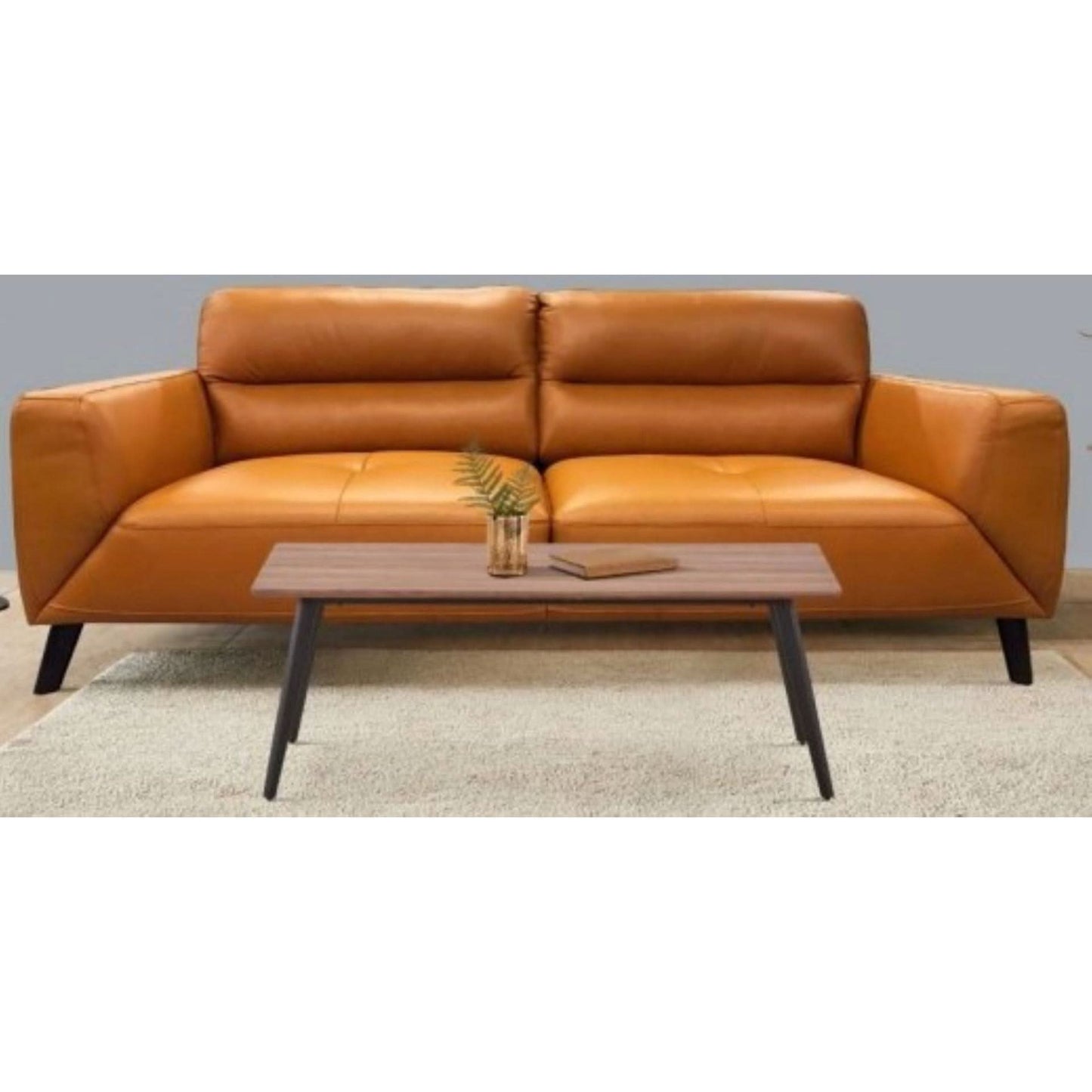 Louanne 2-Seater Real Leather Sofa in Tangerine - Chocolate Wood