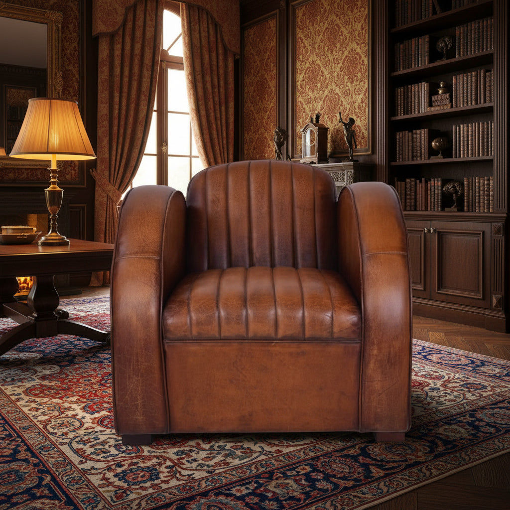 LOUIS AGED LEATHER ARMCHAIR IN CARAMEL - MyChocolateWood