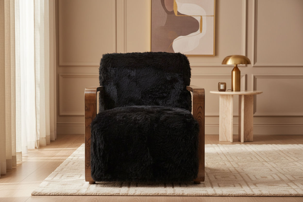LOUISE FAUX SHEEPSKIN/ASH WOOD ARMCHAIR/LOUNGE CHAIR IN ONYX - MyChocolateWood