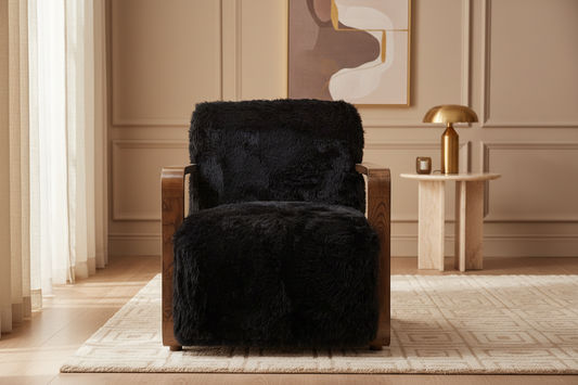 LOUISE FAUX SHEEPSKIN/ASH WOOD ARMCHAIR/LOUNGE CHAIR IN ONYX - MyChocolateWood