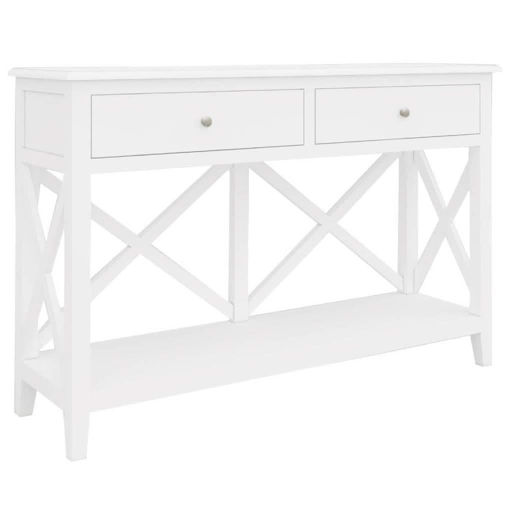 White Lugano Hamptons style acacia 2-drawer console table by MyChocolateWood, ideal for hall or entryway.