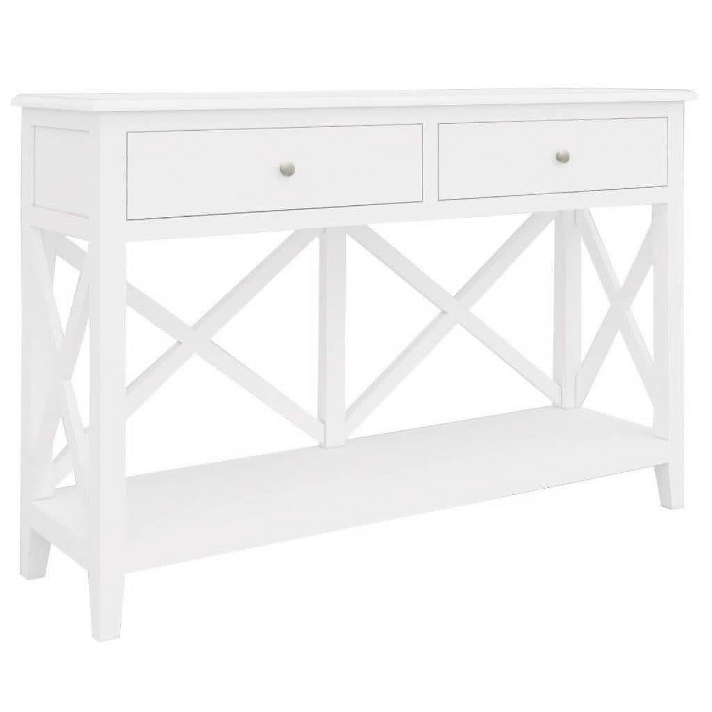 White Lugano Hamptons style acacia 2-drawer console table by MyChocolateWood, ideal for hall or entryway.
