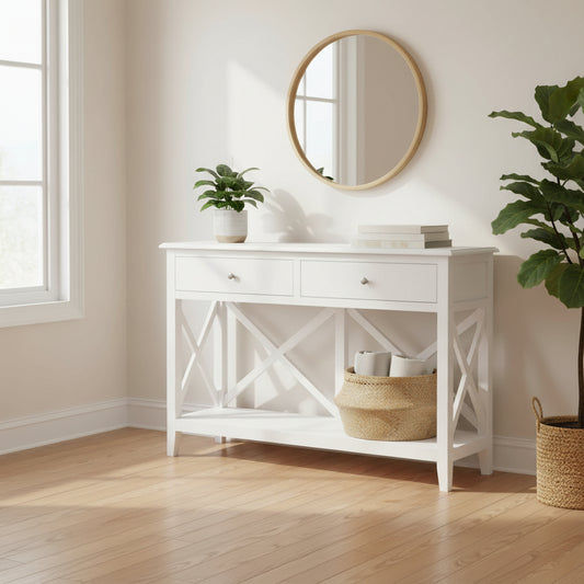 LUGANO HAMPTONS STYLE ACACIA 2-DRAWER CONSOLE TABLE/HALL TABLE WHITE - MyChocolateWood