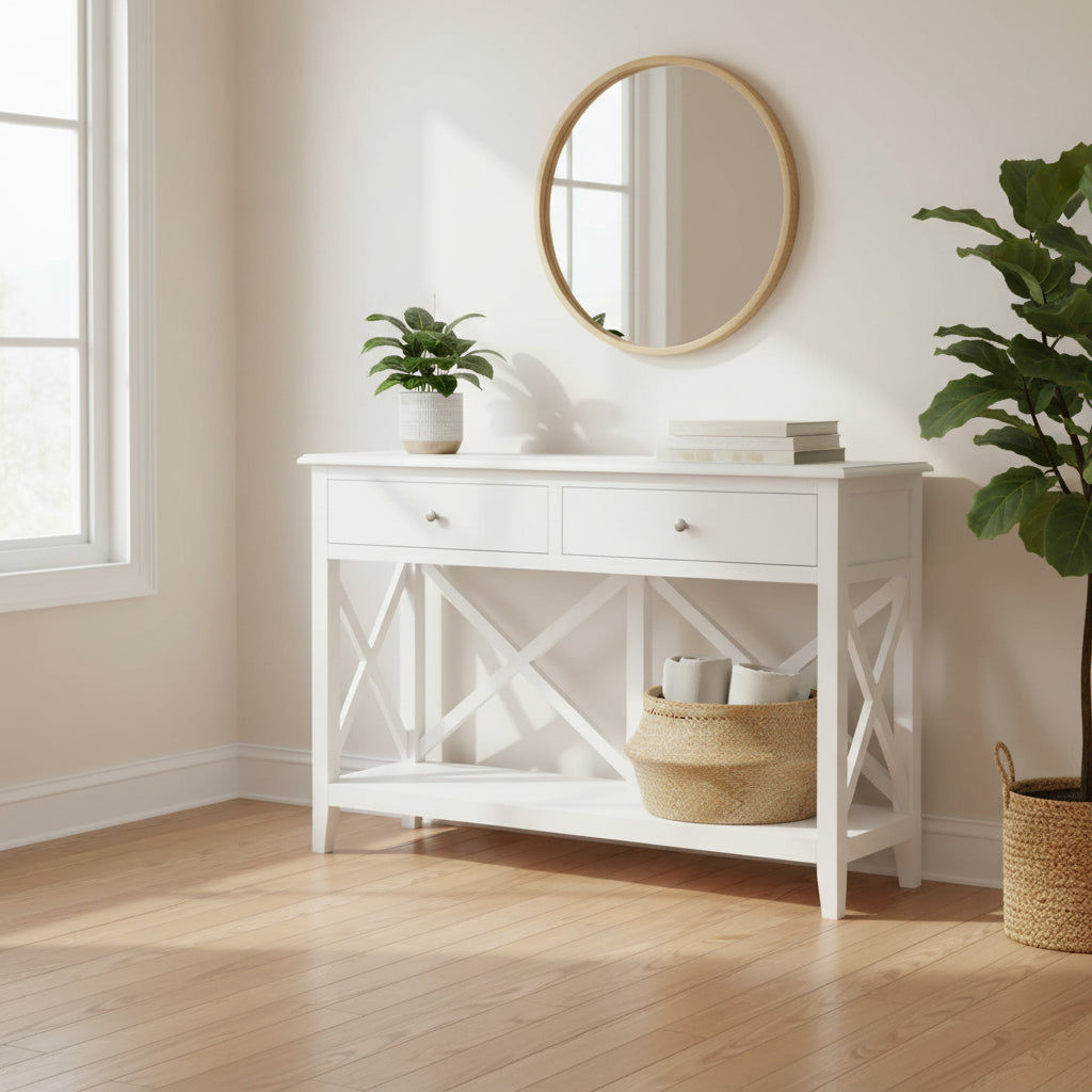 LUGANO HAMPTONS STYLE ACACIA 2-DRAWER CONSOLE TABLE/HALL TABLE WHITE - MyChocolateWood