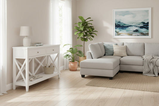 White Lugano Hamptons style acacia 2-drawer console table, modern hall table with sleek design and natural wood finish.