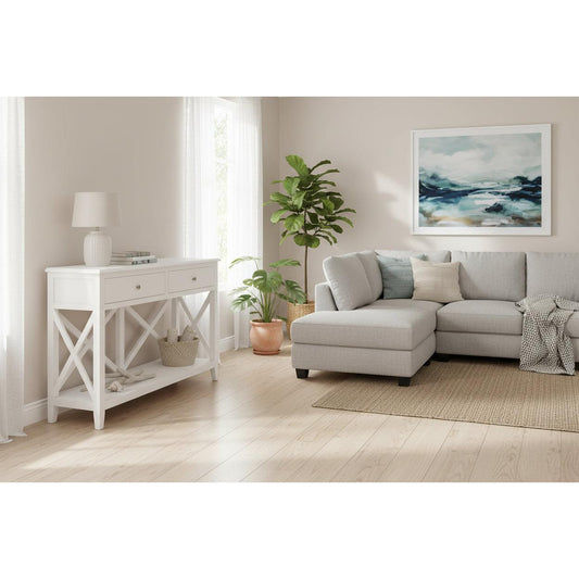 White Lugano Hamptons style acacia 2-drawer console table, modern hall table with sleek design and natural wood finish.