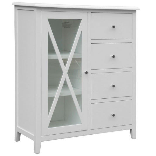 LUGANO HAMPTONS STYLE ACACIA 4-DRAWER 1 GLASS DOOR TALLBOY CHEST OF 4 DRAWERS WHITE
