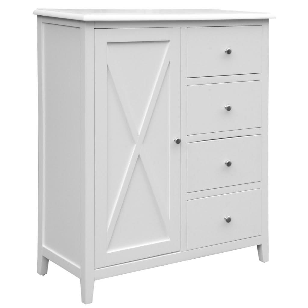 White Lugano Hamptons-style Acacia tallboy chest with 4 drawers and 1 timber door, crafted by MyChocolateWood.