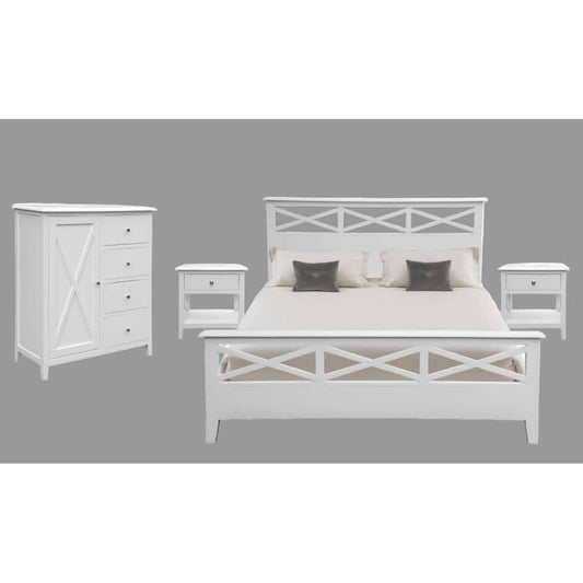 LUGANO HAMPTONS STYLE ACACIA 4 PIECE BEDROOM SUITE: 1 KING BED 1 TALLBOY  2 BEDSIDE TABLES - MyChocolateWood