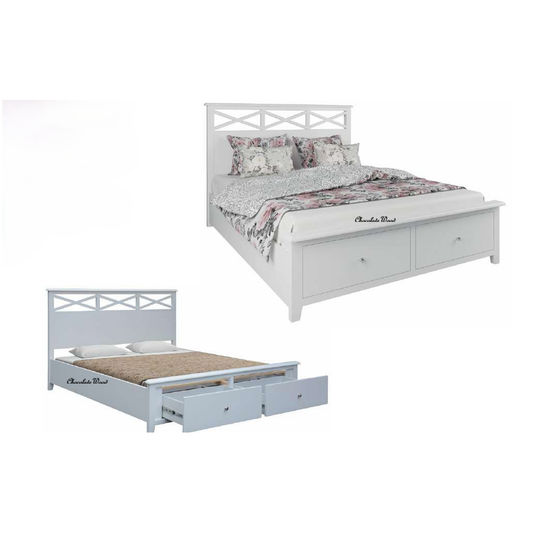LUGANO HAMPTONS STYLE ACACIA 4 PIECE BEDROOM SUITE: 2-DRAWER DOUBLE BED 1 GLASS DOOR TALLBOY 2 BEDSIDE TABLES - MyChocolateWood